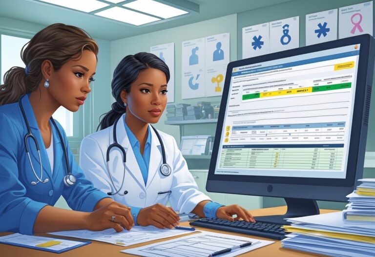 A medical billing professional reviews patient records at a computer in a hospital billing office, focusing on an error related to patient gender.
