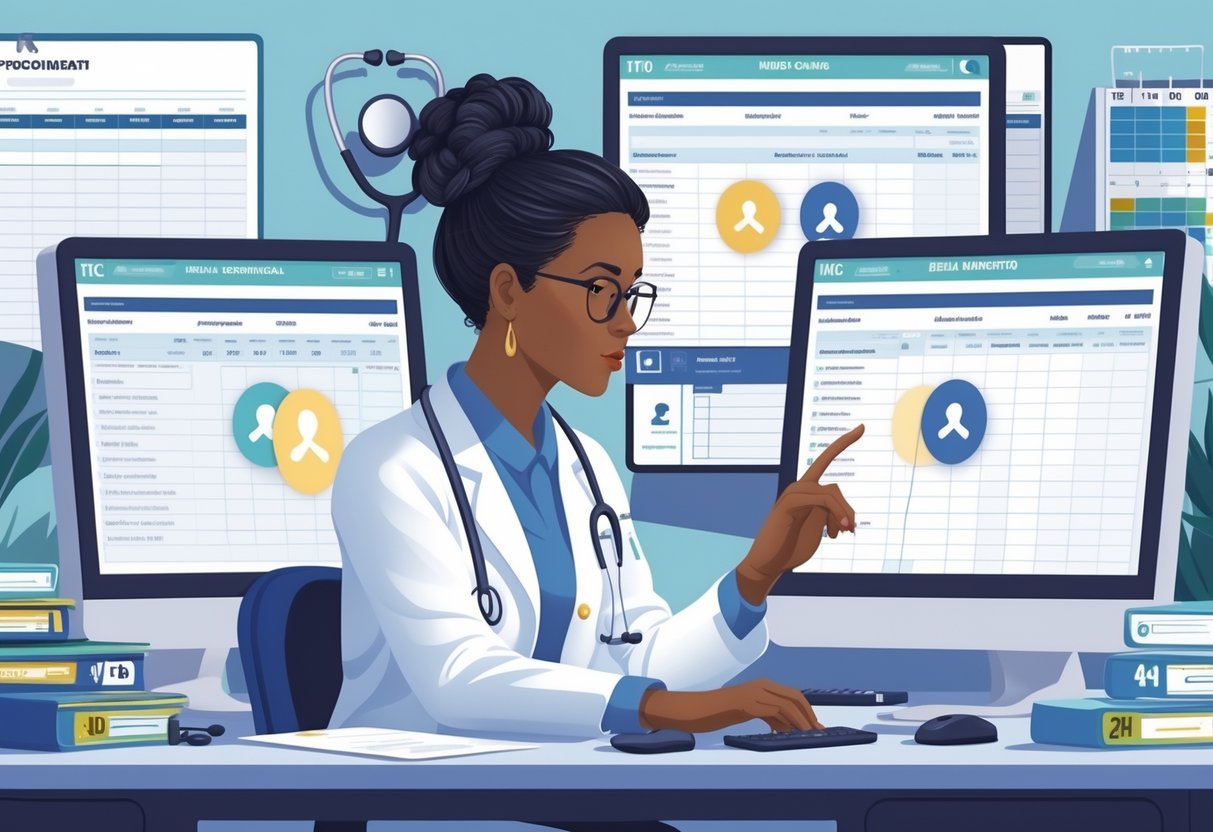 A medical billing specialist reviewing patient information on computer screens, noticing a mismatch between the patient's gender and a procedure code in a modern medical office.