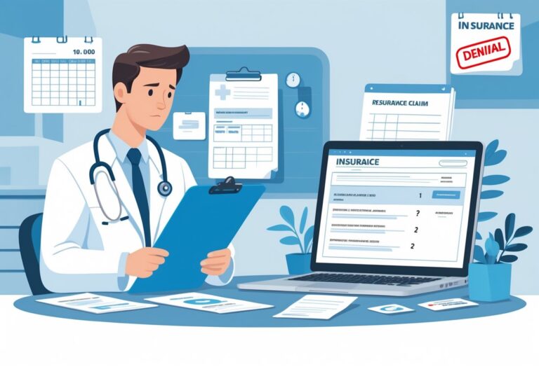 A healthcare professional reviewing patient documents at a desk with medical charts and a laptop, showing concern in a clinical setting.
