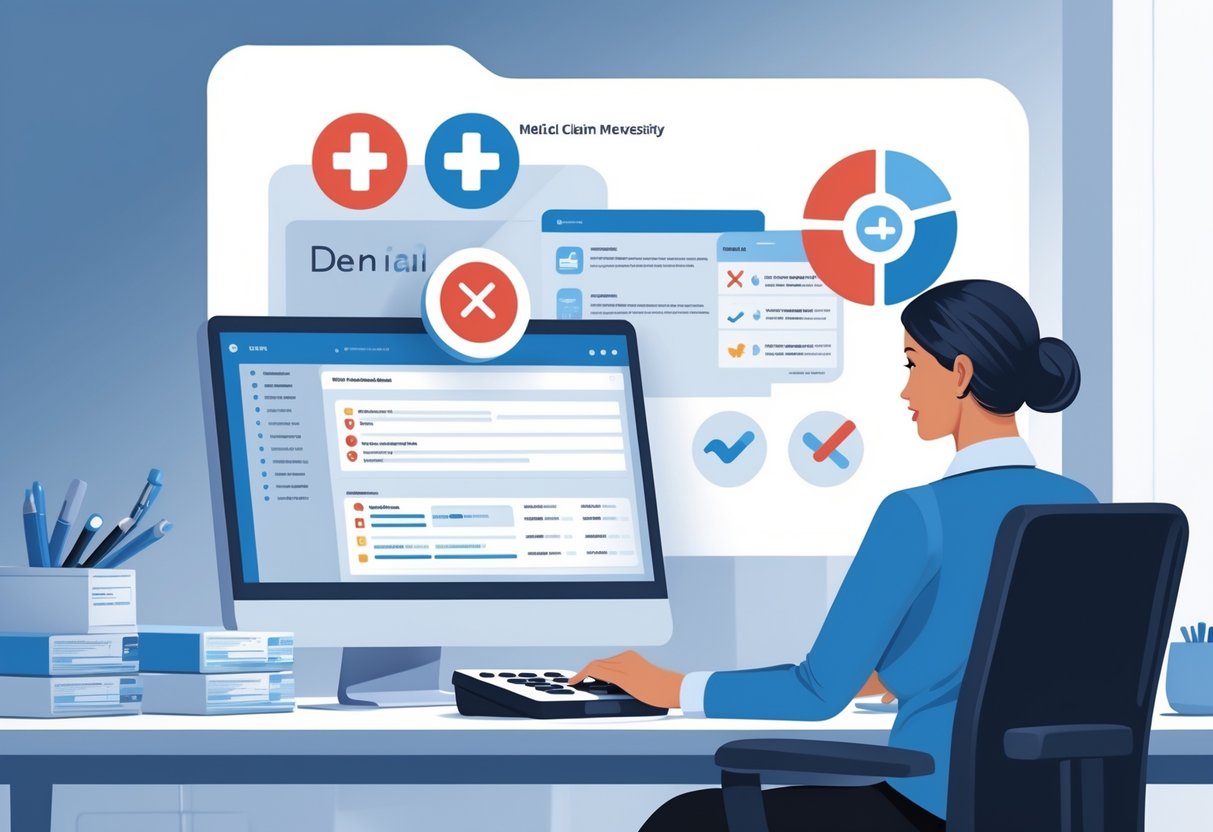 A medical billing specialist at a desk reviewing insurance claims on a computer with symbols indicating denied services due to lack of medical necessity.