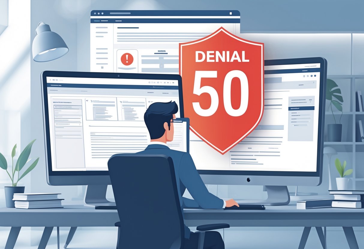 A healthcare professional at a desk reviewing medical insurance documents on computer screens with a red warning icon and a large number 50 symbol in the background.