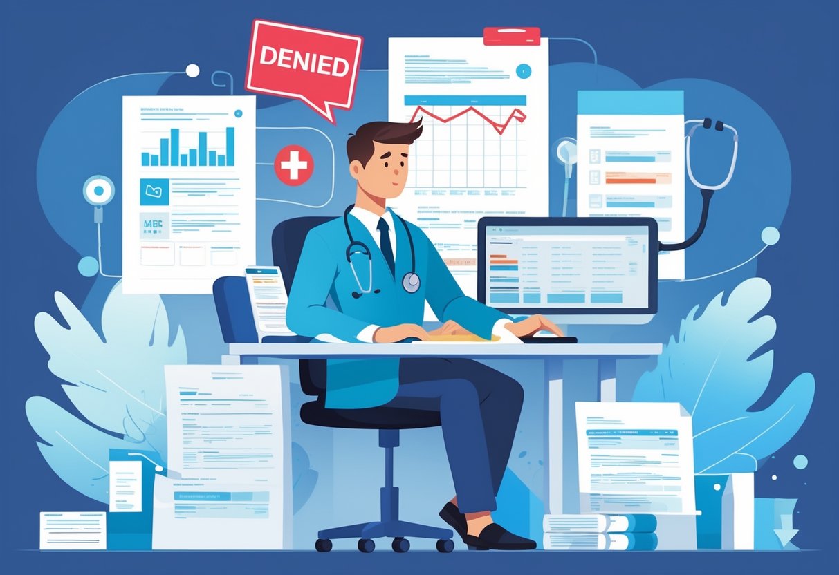 A healthcare professional reviewing medical files and insurance documents at a desk with symbols representing medical necessity denial and insurance criteria.