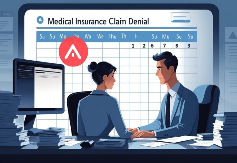 A patient and a medical billing specialist in a healthcare office discussing an insurance claim denial, with a calendar highlighting past dates in the background.