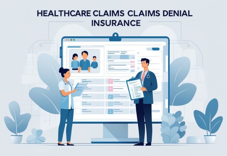 A patient and healthcare professional discussing documents in a medical office, with a subtle family tree illustration in the background highlighting household members.