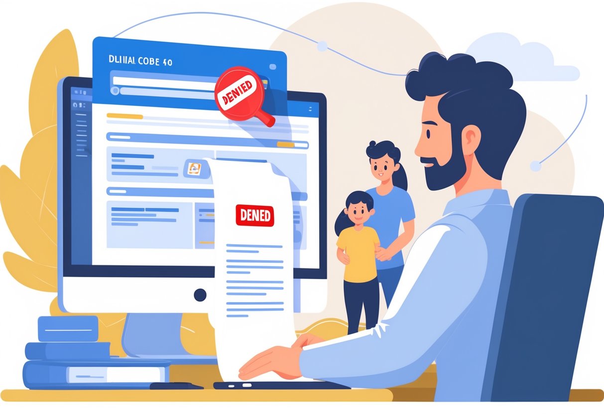 A medical billing specialist reviews a denied healthcare claim at a desk, with a family of immediate relatives shown in the background to represent the reason for denial.