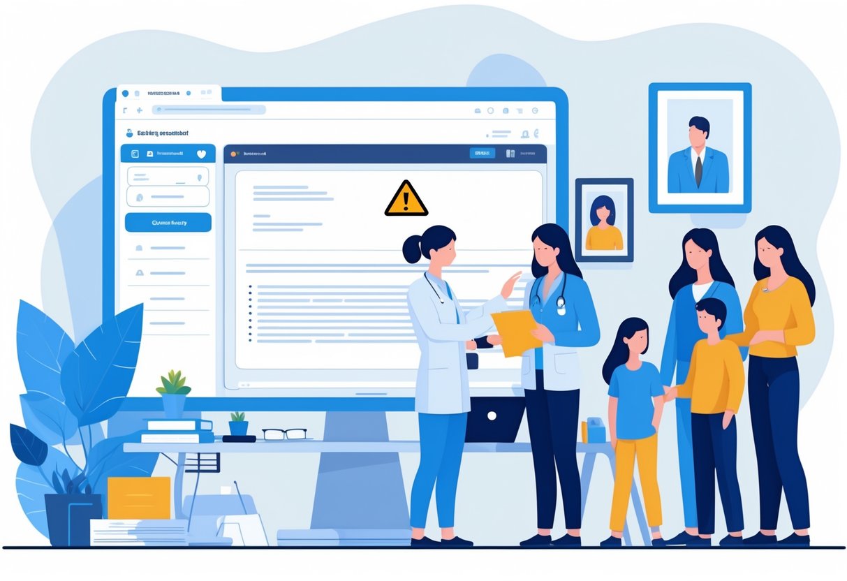 A healthcare professional and a patient reviewing documents in a medical billing office with family photos visible, symbolizing billing issues related to services by immediate relatives or household members.