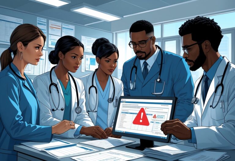 A group of healthcare professionals reviewing patient information and discussing an insurance coverage issue in a medical office.