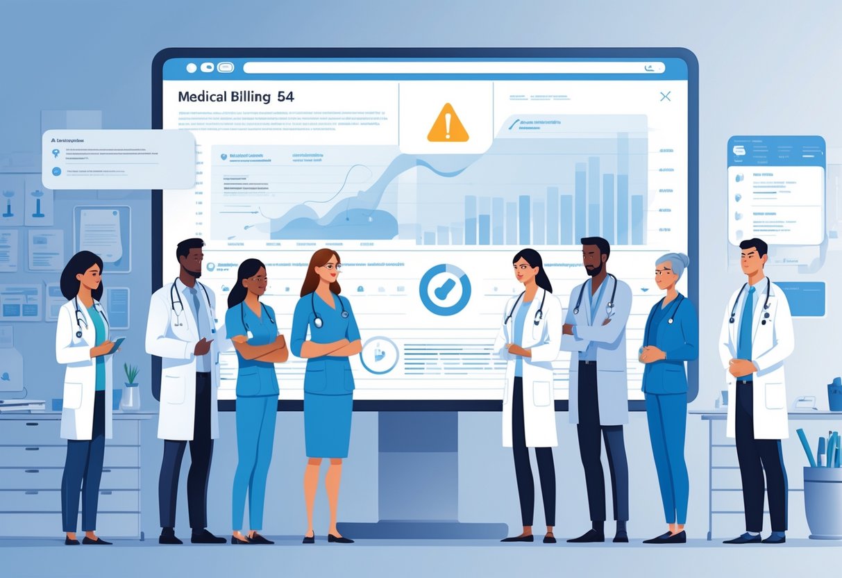 A group of medical professionals discussing a billing issue in a modern hospital office with a digital screen showing an alert.