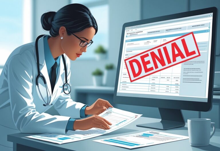A medical professional reviewing documents in an office, with a subtle red caution symbol in the background indicating treatment denial.