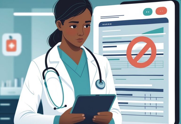 A healthcare professional reviewing a medical claim with a concerned expression in a hospital setting, with visual elements indicating insurance denial.