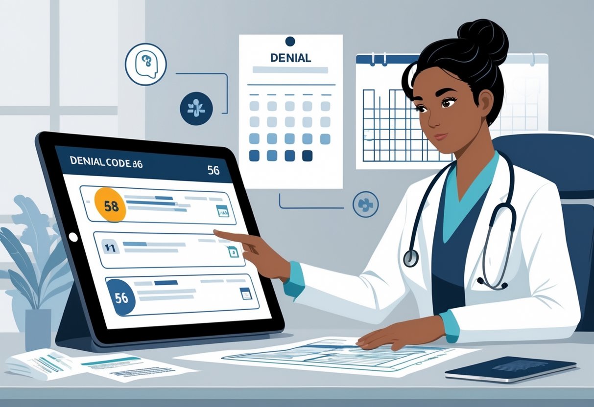 A healthcare professional reviewing a medical claim on a digital device in an office setting, appearing thoughtful and focused.