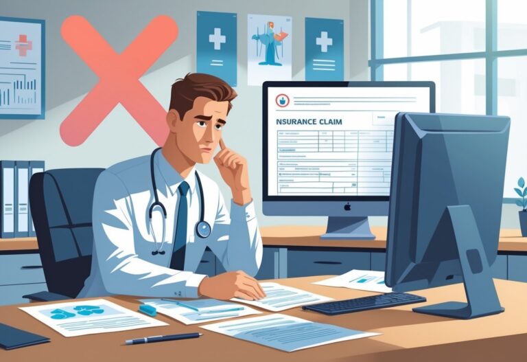 A healthcare professional reviewing medical documents at a desk with a computer, showing concern over an insurance claim denial.