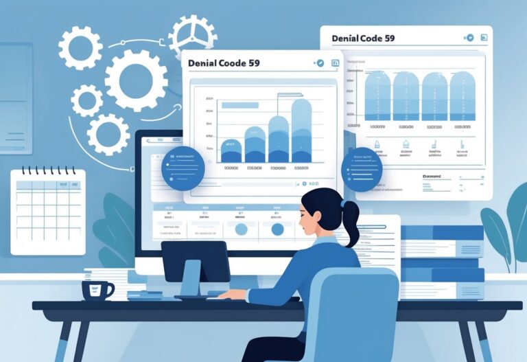 A medical billing specialist working at a computer with overlapping procedure codes and charts, surrounded by symbols representing complex processing rules in a tidy office.