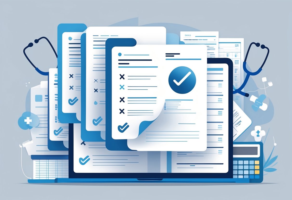 An illustration showing overlapping medical procedure documents with checkmarks and arrows, alongside healthcare icons like a stethoscope and calculator, representing the processing of multiple or concurrent medical procedures.