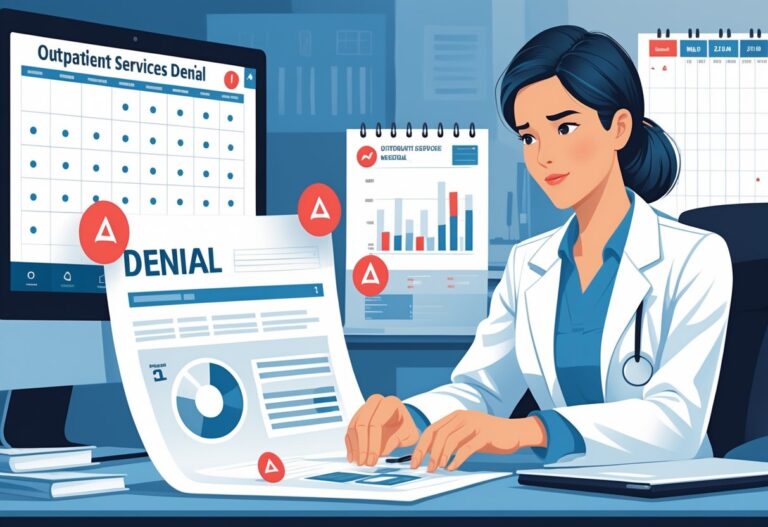 A healthcare professional reviewing medical bills and documents at a desk with a calendar in the background highlighting a time period.