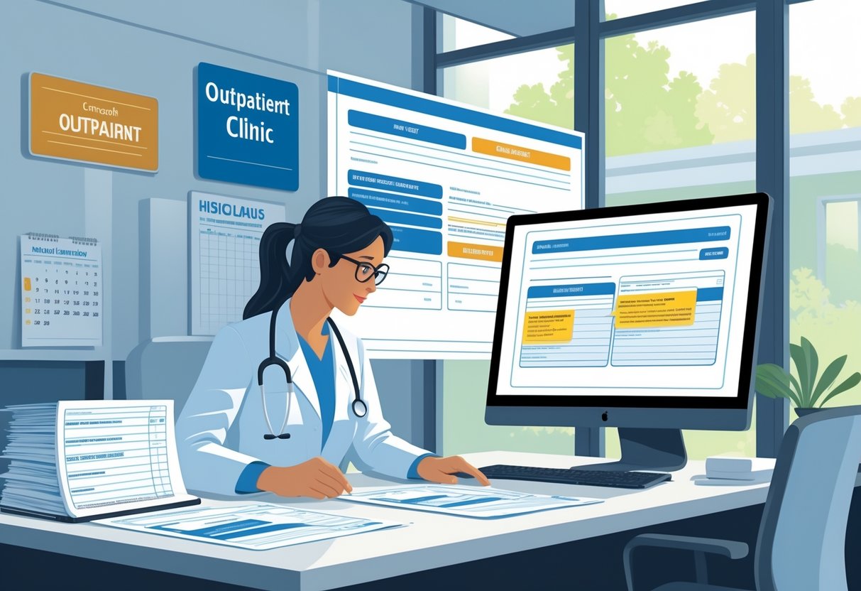 A healthcare professional reviewing patient charts and insurance documents in a medical office, with a computer screen showing insurance claim forms and a calendar in the background.