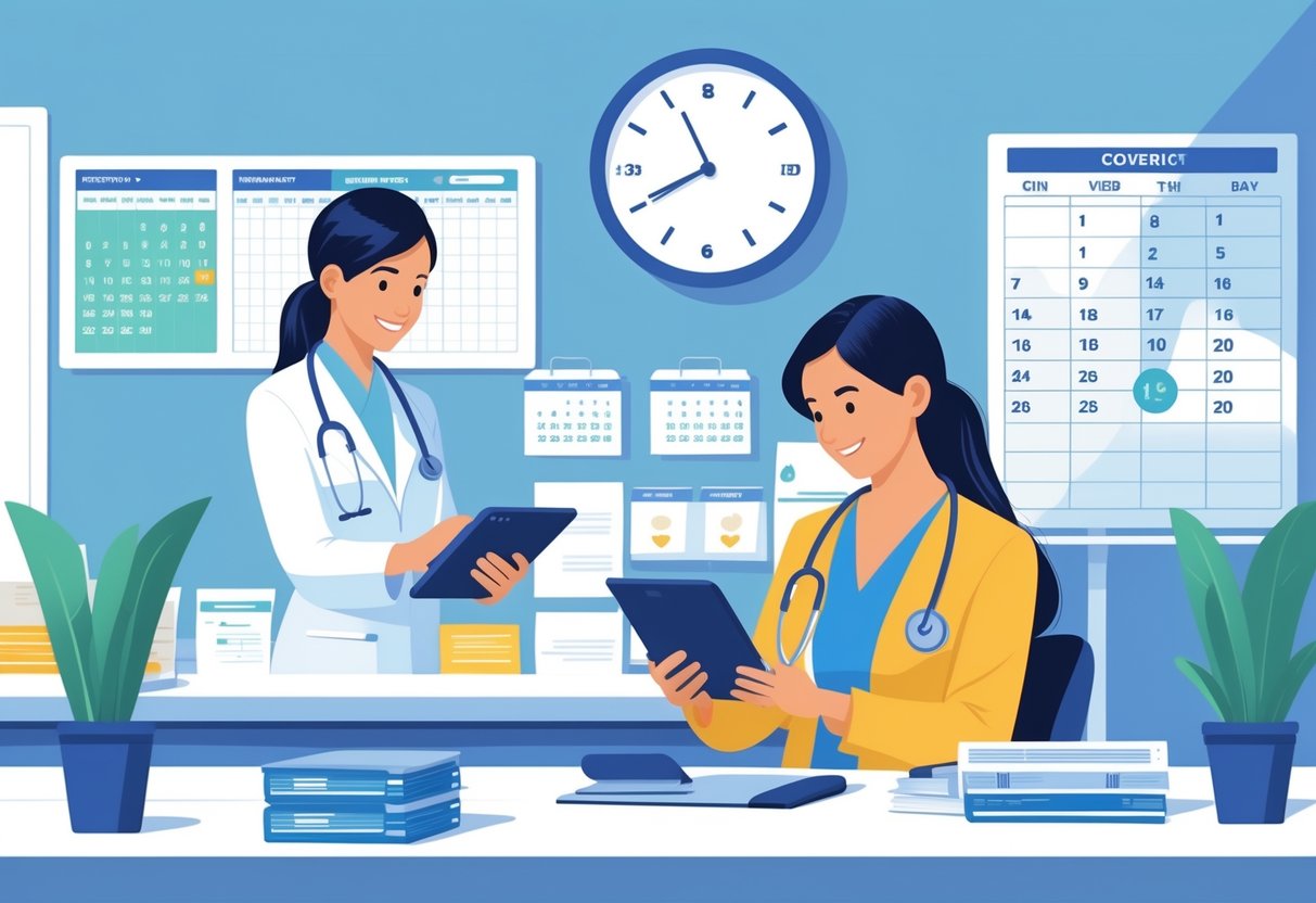 A healthcare professional reviewing patient schedules on a tablet in a medical clinic reception area with a clock and calendar in the background.