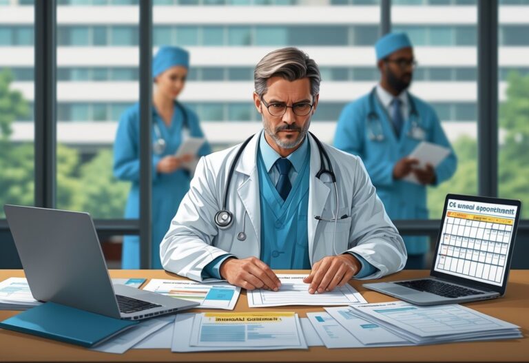 A surgeon reviewing patient files at a desk in a medical office with a hospital visible through the window and a second doctor in the background.