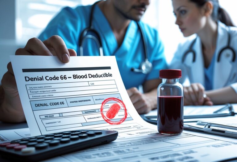 A healthcare professional and a patient discuss a medical insurance claim on a desk with a blood vial and documents nearby.