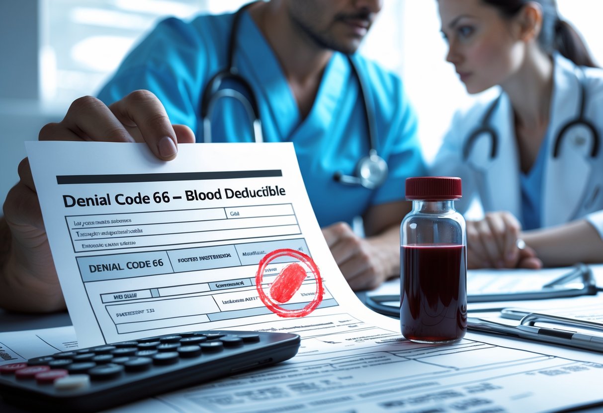 A healthcare professional and a patient discuss a medical insurance claim on a desk with a blood vial and documents nearby.