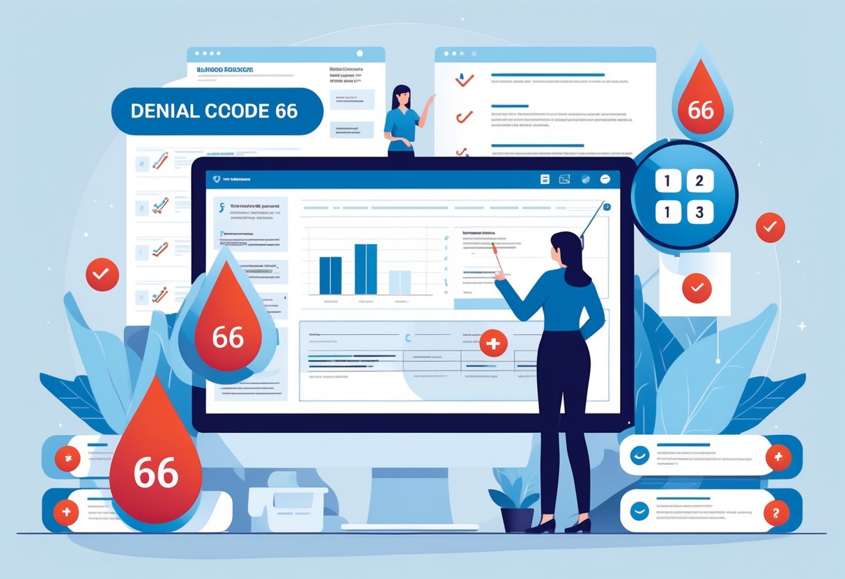 A healthcare billing specialist reviewing documents and digital charts with symbols of blood and a denial code in a modern office setting.