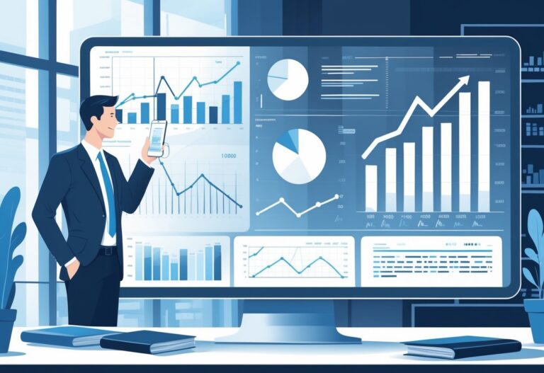 A financial analyst reviews data charts on a digital screen in an office with a hospital visible outside the window, representing cost adjustments for extra expenses.