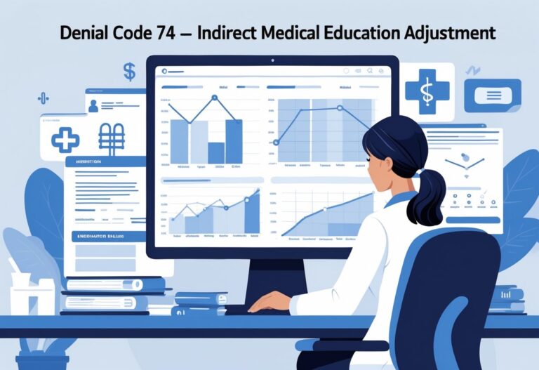 A healthcare administrator reviewing medical billing documents and charts on a computer in a medical office, with visual elements representing medical education and financial adjustments around them.