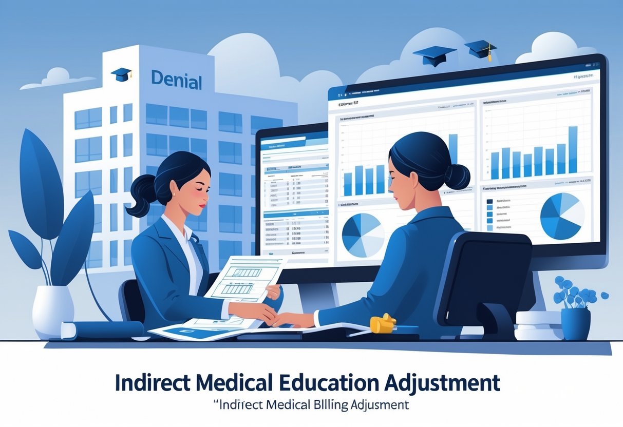 A healthcare administrator reviews medical billing documents and data on computer screens in an office, with a hospital building featuring a graduation cap symbol in the background.
