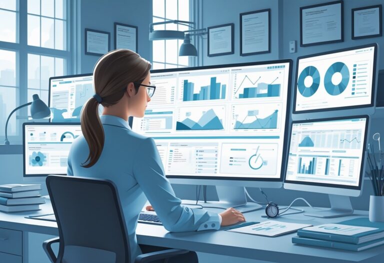 A healthcare professional reviews medical billing data and documents in a modern office setting with medical equipment and educational materials nearby.