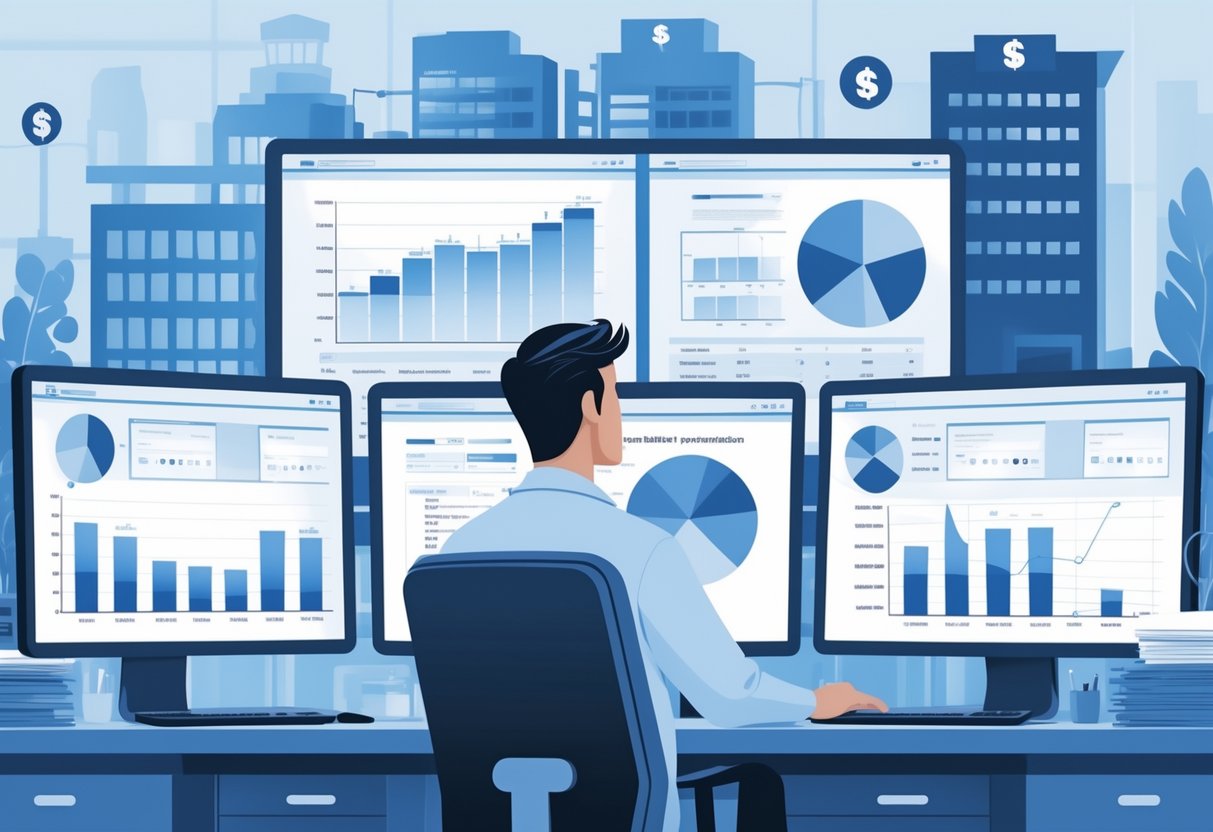 A financial analyst in a hospital billing office reviewing charts and data on computer screens related to healthcare payment adjustments.