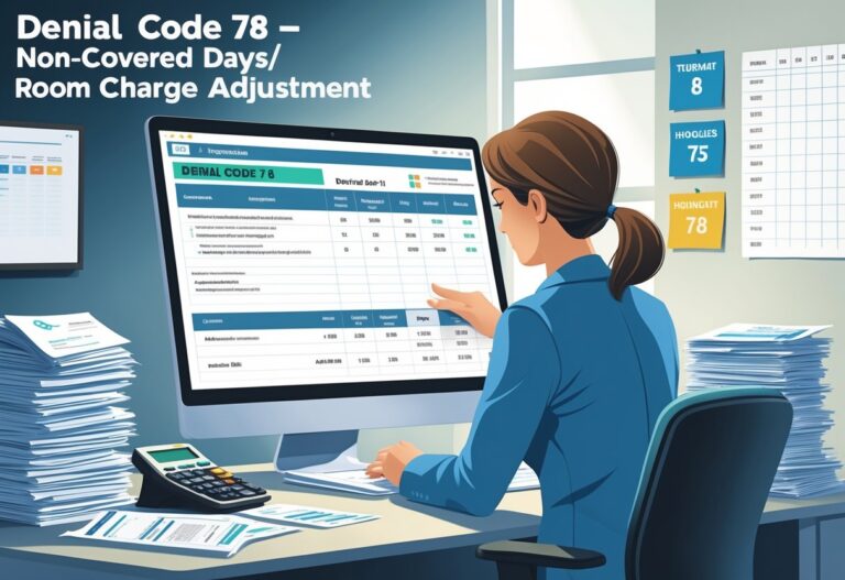 A medical billing specialist reviewing hospital invoices and documents with a computer and calculator in an office, highlighting adjustments related to room charges and non-covered days.