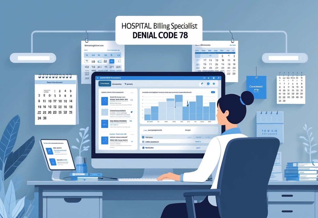 A hospital billing specialist working at a desk with a computer, surrounded by symbols of hospital rooms, calendar days, and insurance documents representing billing and charge adjustments.