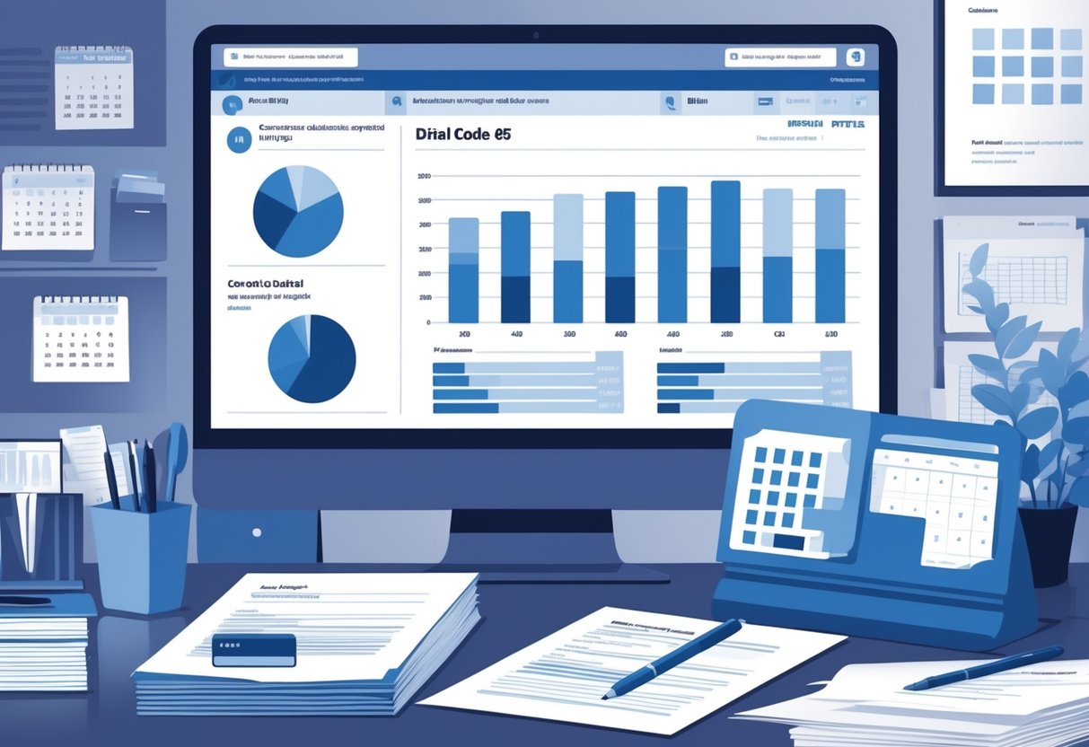 A healthcare professional in an office reviewing medical billing documents with a computer and organized files on the desk.