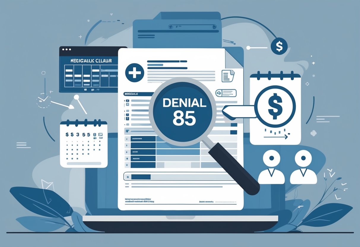 An illustration of a medical billing document surrounded by icons representing patient groups, deadlines, reviews, and financial adjustments.