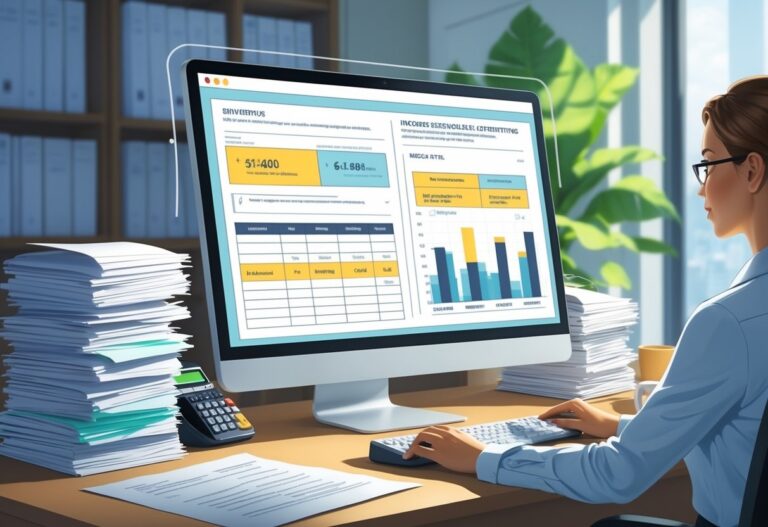 A medical billing specialist reviewing an invoice on a computer in an office, surrounded by paperwork and a calculator.