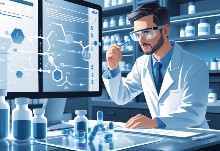 A scientist in a lab coat examines pharmaceutical ingredients and chemical formulas in a modern pharmacy laboratory.