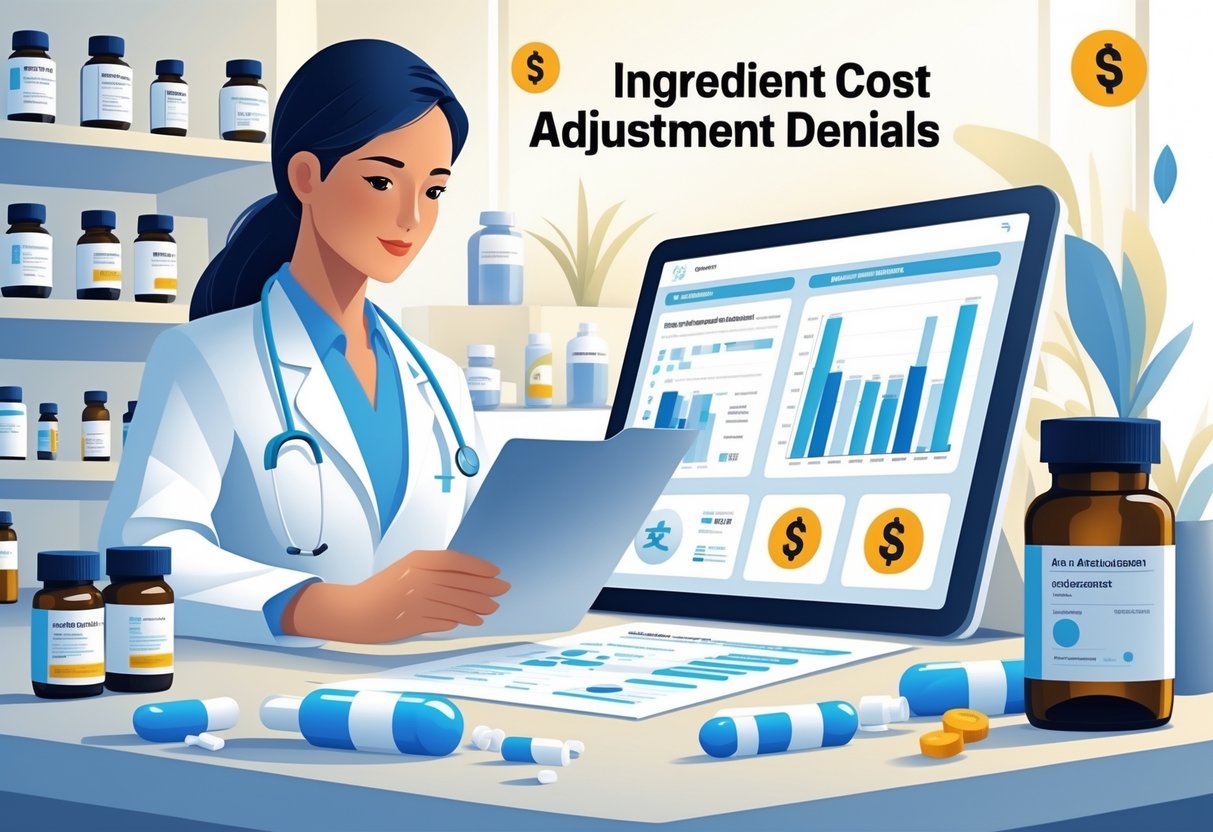 A pharmacist reviewing medication cost data in a clean pharmacy setting with prescription bottles and cost-related icons in the background.