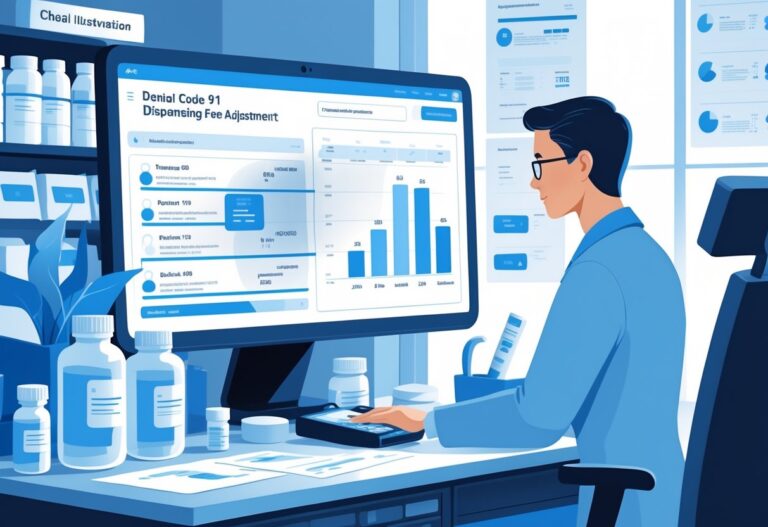 A pharmacist reviewing a digital screen with prescription bottles and payment tools nearby, focusing on billing adjustments.