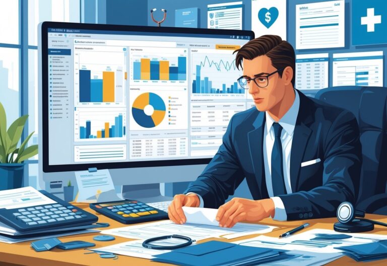 A professional reviewing medical billing documents and a computer screen with charts and data in an office setting.