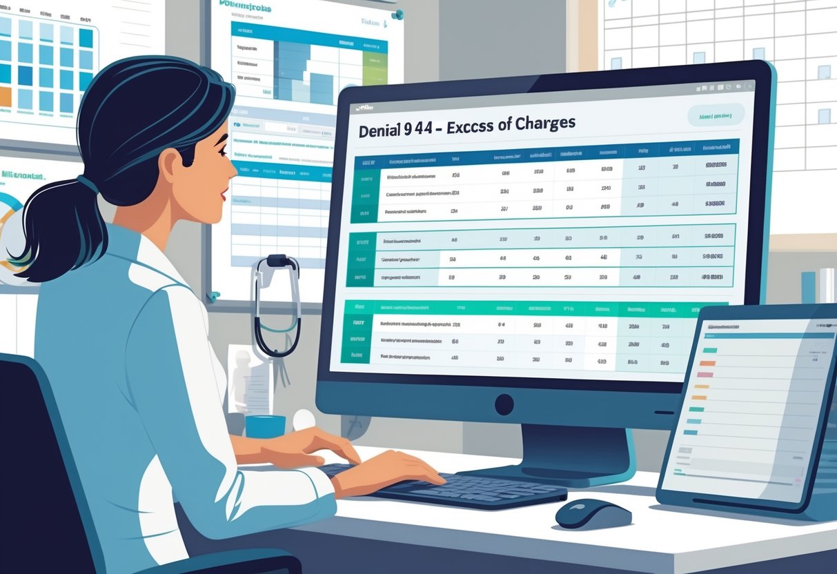 A healthcare professional reviewing a billing statement on a computer in a medical office setting.