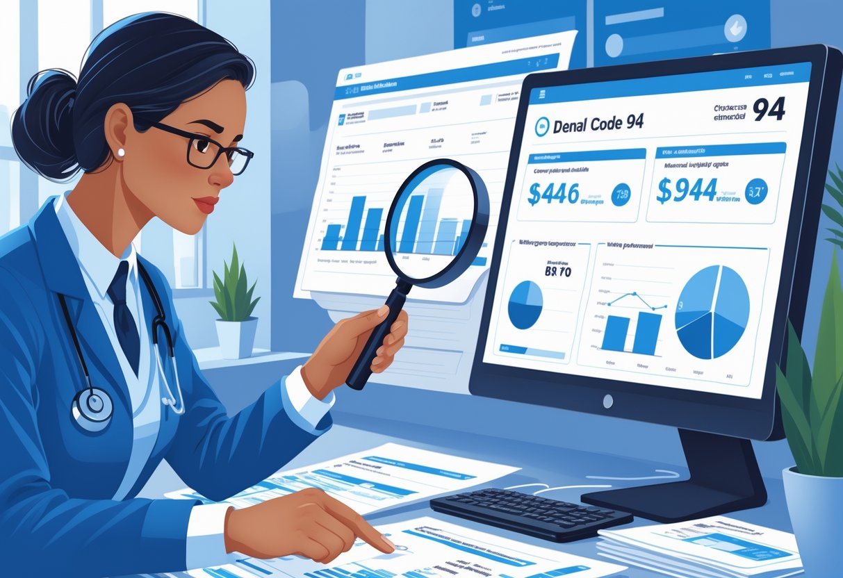 A medical billing specialist reviewing documents and computer screens with charts and billing statements, focusing on identifying overcharges in a medical billing office.