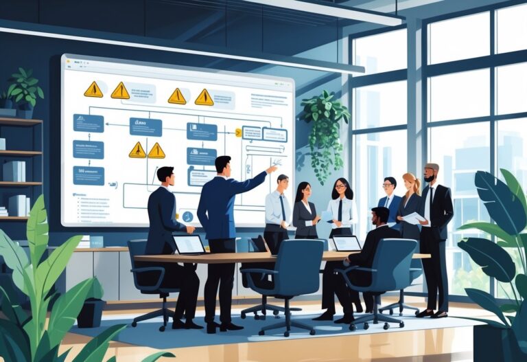 A group of professionals in an office reviewing documents and a flowchart on a screen, focusing on identifying missed procedures.