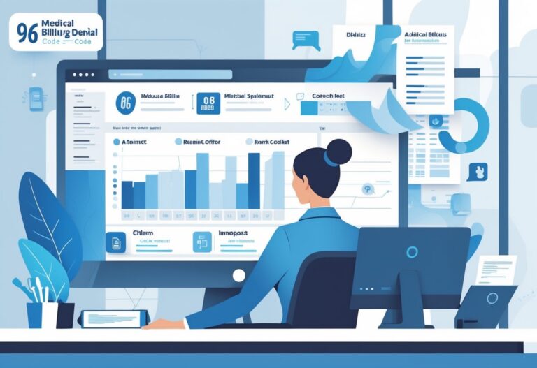 A medical billing specialist at a desk reviewing insurance claim data on a computer in an office with icons representing medical documents and communication.