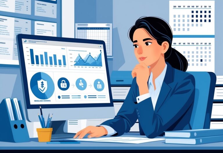 A healthcare administrator reviewing insurance claim documents at a desk with a computer and office supplies.