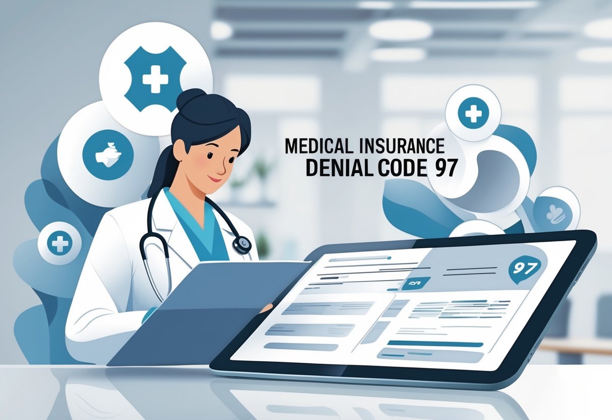 A healthcare professional reviewing documents in a medical office with icons representing medical services and billing in the background.