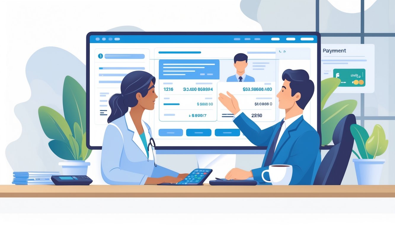A medical billing specialist reviews payment information at a desk while a patient receives payment from an insurance representative in a modern office setting.