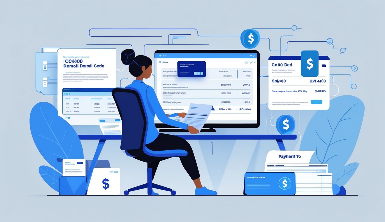 A healthcare billing specialist reviewing documents and payment information at a desk, with icons representing payment to a patient or insured party and charts in the background.