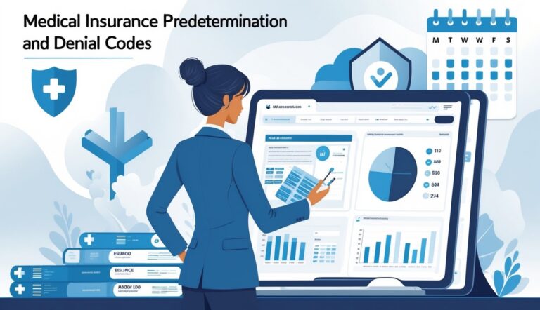 A healthcare professional reviewing digital medical claim data with icons representing insurance and payment scheduling in the background.