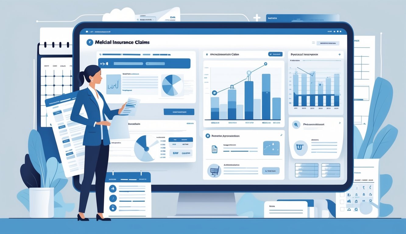 A healthcare professional reviewing digital charts and documents related to medical insurance claims and payment approvals.