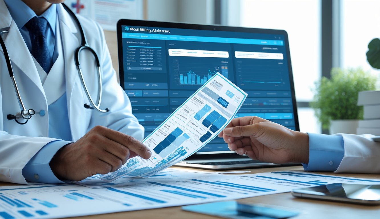 A healthcare professional reviewing medical billing documents and adjustment codes at a desk in a modern office.